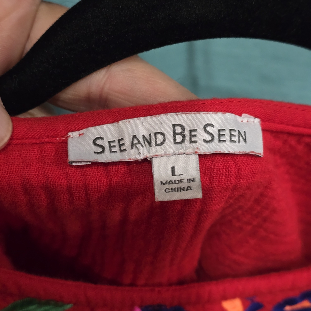 See and Be Seen Red Dress W/Embroidered Colorful Flowers W/Pockets EUC - Picture 7 of 10